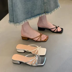 Square Toe Low Heel Slide Sandals