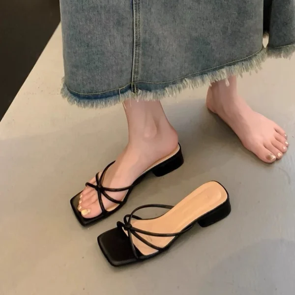 Square Toe Low Heel Slide Sandals