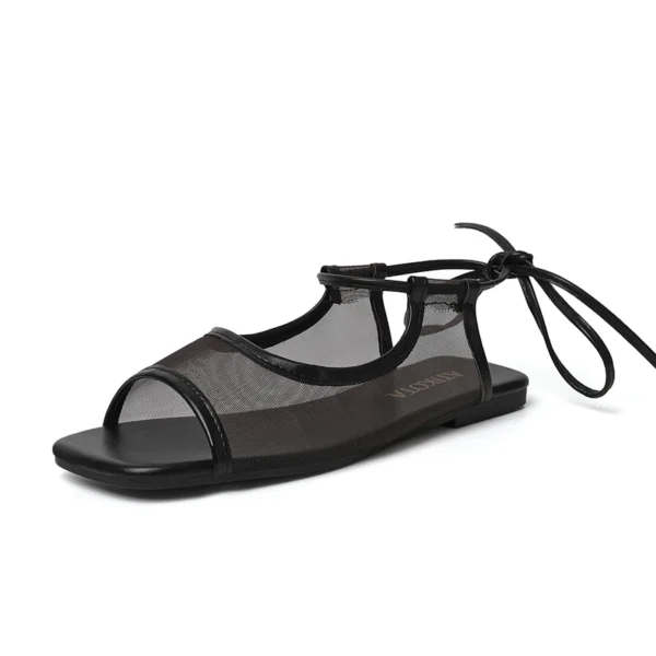 Mesh Lace Up Flat Sandals