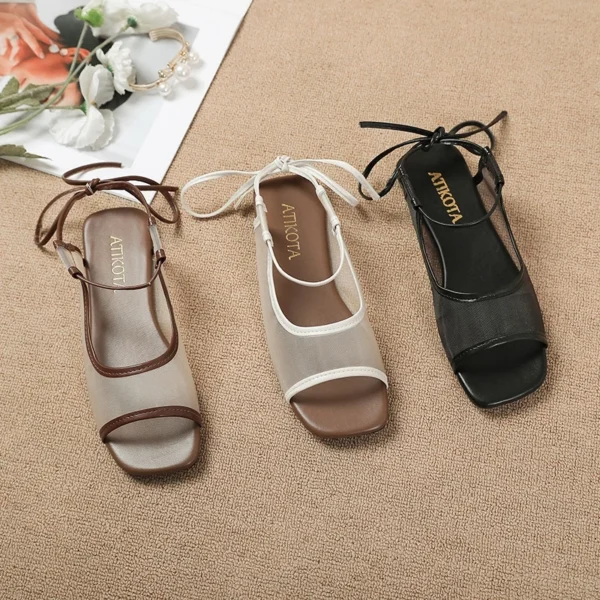 Mesh Lace Up Flat Sandals