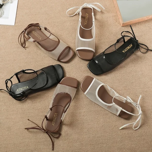 Mesh Lace Up Flat Sandals