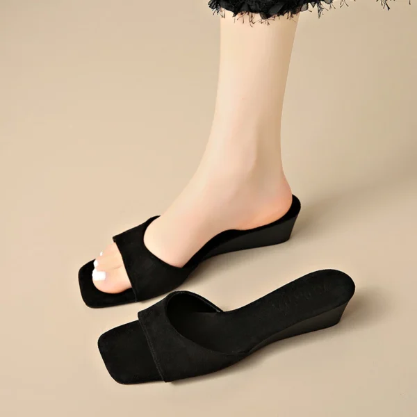 Suede Low Wedge Slide Sandals