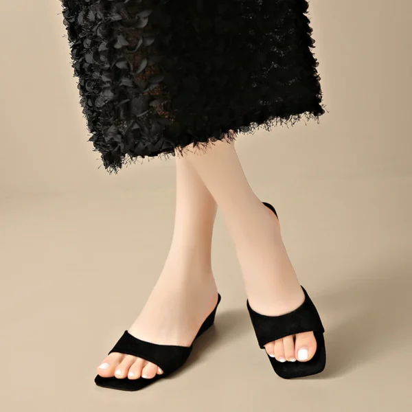 Suede Low Wedge Slide Sandals