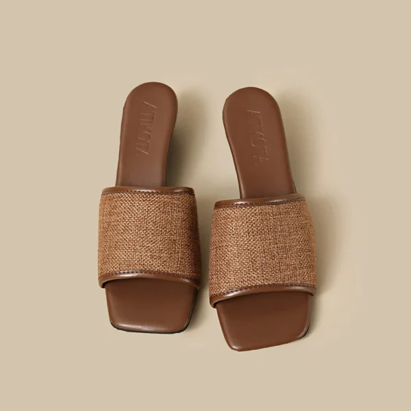 Linen Square Toe Flat Slide Sandals
