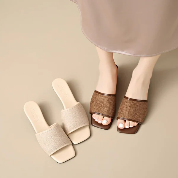 Linen Square Toe Flat Slide Sandals