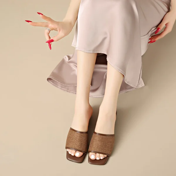 Linen Square Toe Flat Slide Sandals