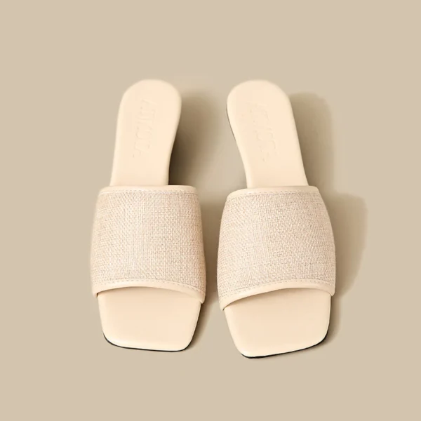 Linen Square Toe Flat Slide Sandals
