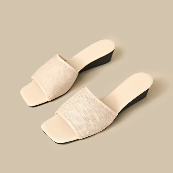 Linen Square Toe Flat Slide Sandals