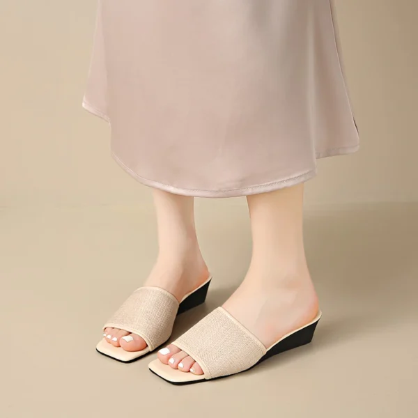 Linen Square Toe Flat Slide Sandals