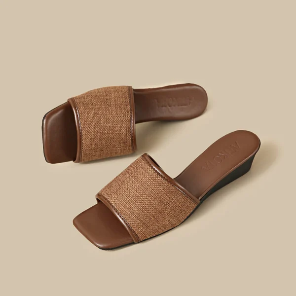 Linen Square Toe Flat Slide Sandals