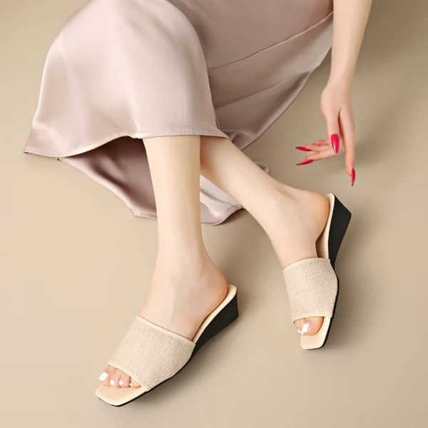 Linen Square Toe Flat Slide Sandals