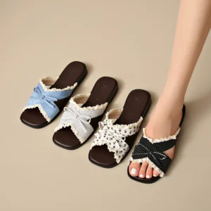 sg-11134201-825ay-mq745ftm20ao85 Lace Bow Cross Strap Slide Sandals